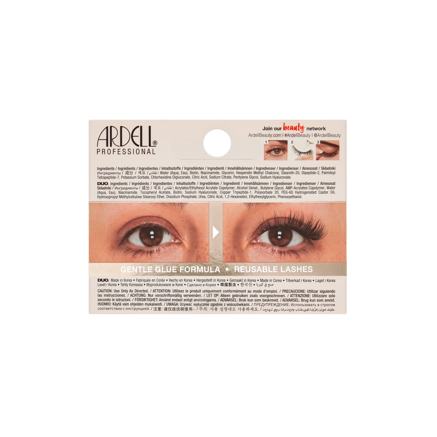 Back side of Nourish Lashes packaging with images of eyes wearing false eyelashes on a white background.