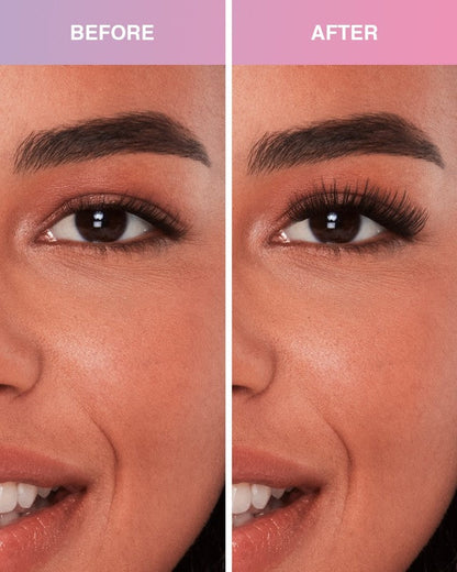 Before and after comparison of eyelash extensions on a woman's eye.