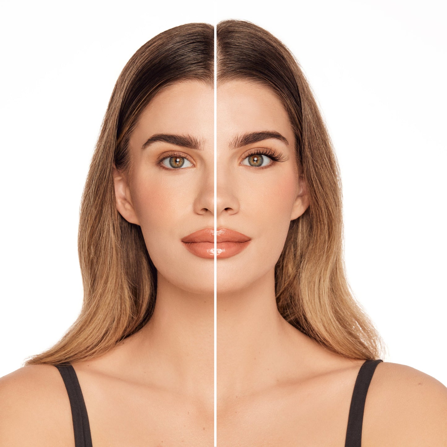Before and after comparison of Seamless Underlash Extensions Naked on Model with Round shaped eyes