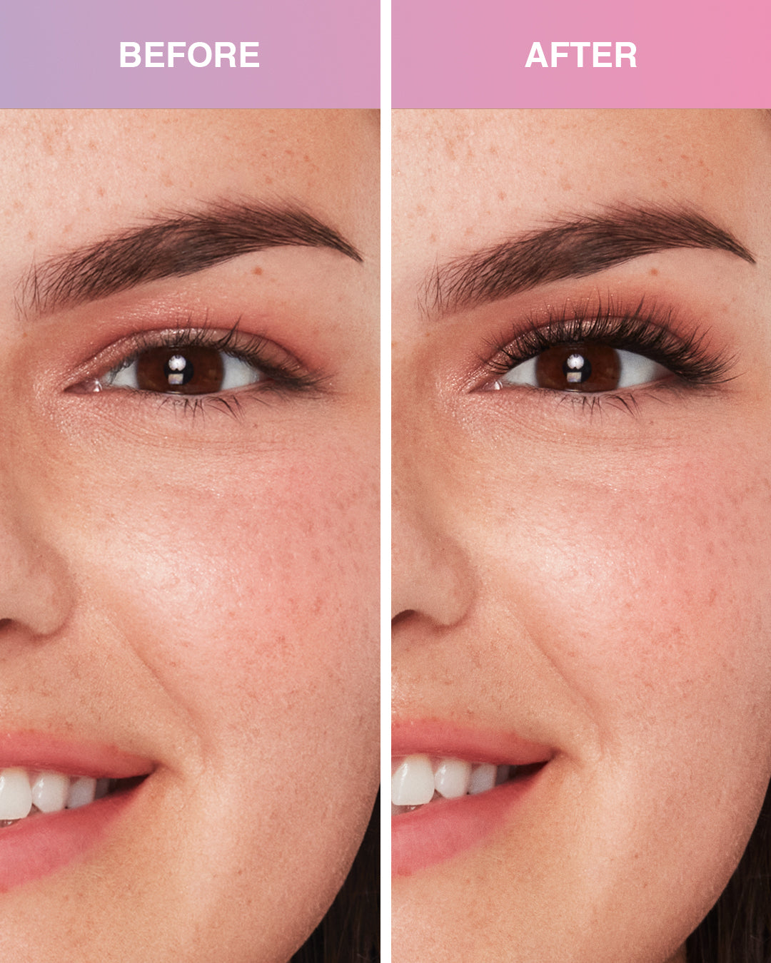 Before and after comparison of Press On Pre-Glued Underlash Extensions Wispies Natural on Model with Almond shaped eyes