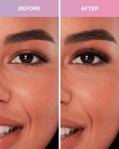 Before and after comparison of Press On Pre-Glued Underlash Extensions Naked Natural on Model with Hooded shaped eyes