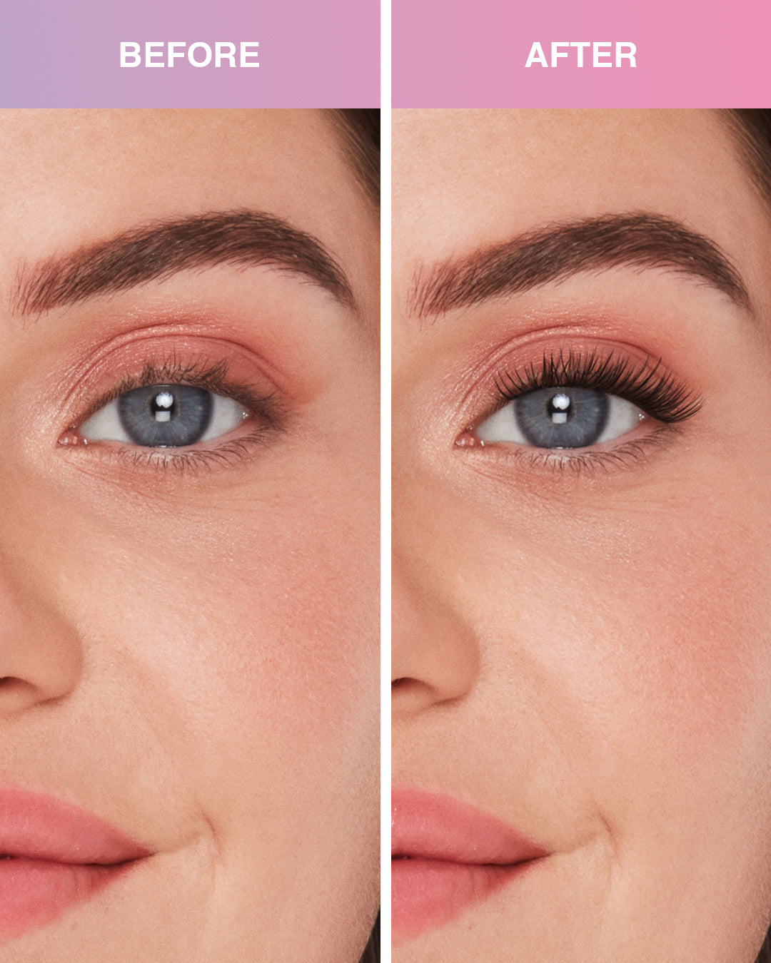 Before and after comparison of Press On Pre-Glued Underlash Extensions Naked Natural on Model with Round shaped eyes