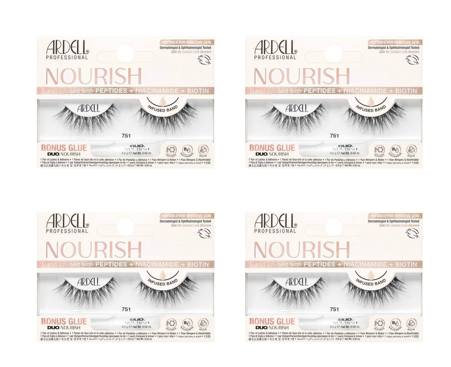 Four boxes of Ardell Nourish false eyelashes on a white background
