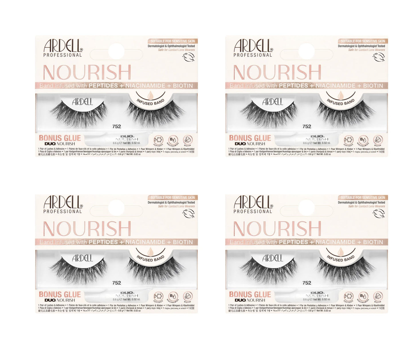 Four boxes of Ardell Nourish false eyelashes with visible branding and product details.