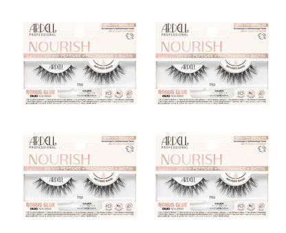 Four boxes of Ardell Nourish false eyelashes on a white background