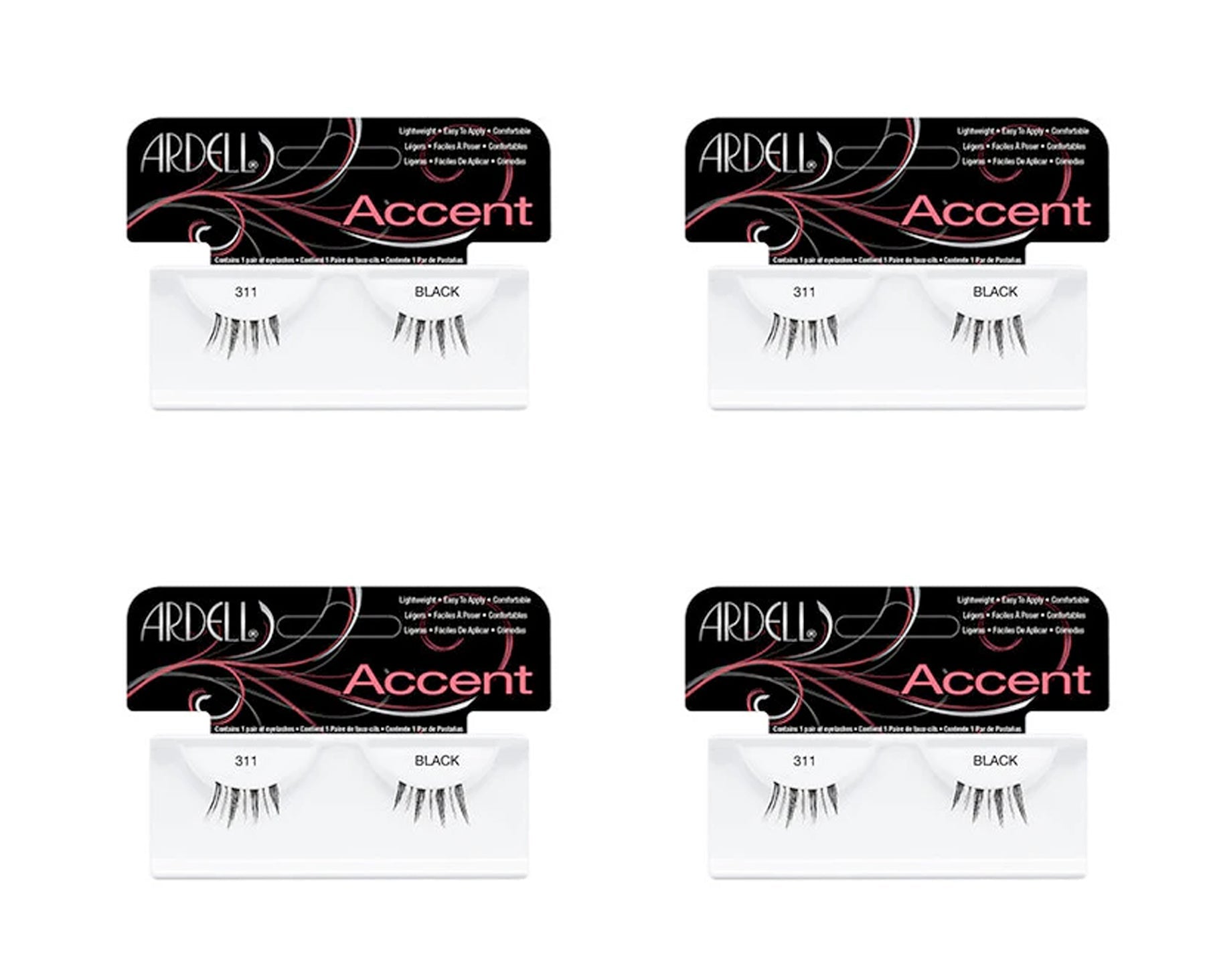 Four packages of Ardell Accent false eyelashes on a white background