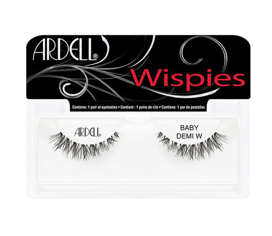 A single pair of Ardell Baby Demi Wispies inside its retail packaging with some texts on it