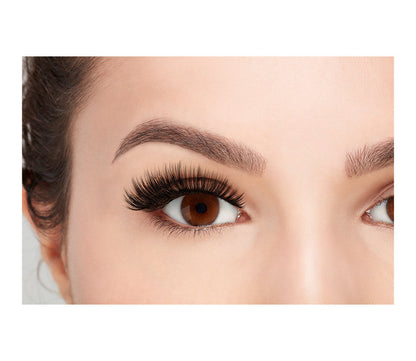 A model with opened eye wearing the Ardell 3D Faux Mink 854 eyelash showing how it looks like when worn on a frontal view.
