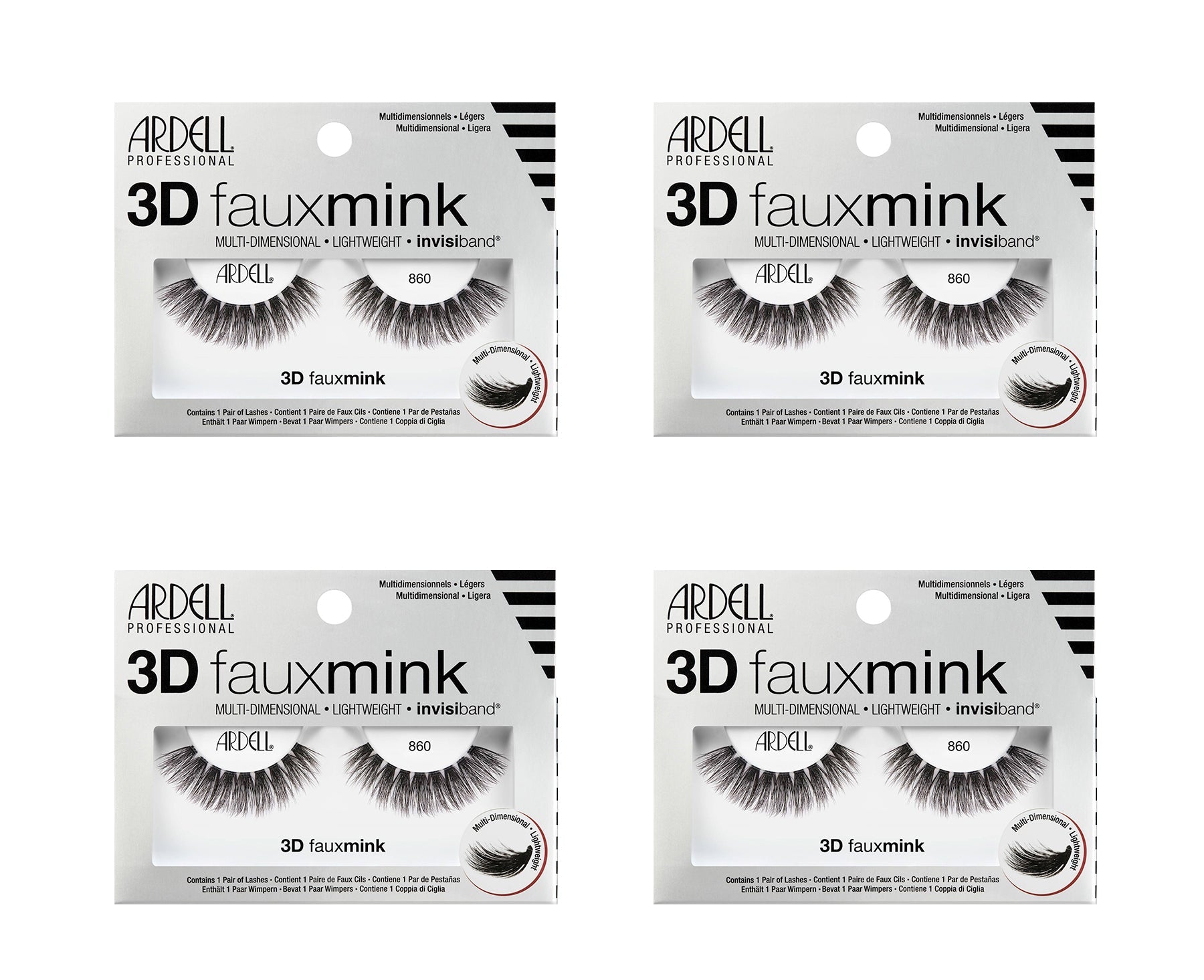 Four packages of Ardell 3D faux mink false eyelashes on a white background