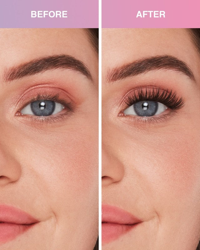 Before and after comparison of false lashes applied on a woman's face.