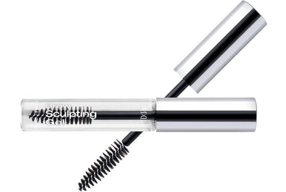 Capped bottle of Ardell Clear Eyebrow Gel that laid on its side with brush cap featured on background