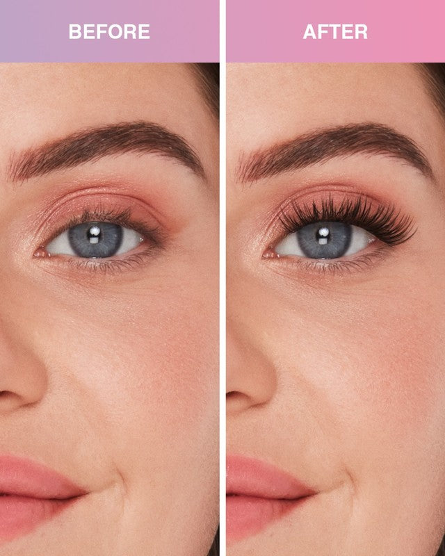Before and after comparison of a woman with eyelashes.