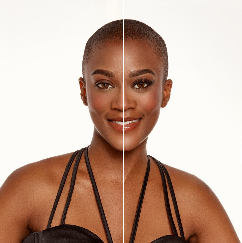 Black woman with a half-face before and after lash application showcasing Ardell extensions