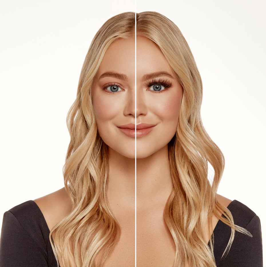 Blonde woman showing side-by-side comparison of natural lashes versus Ardell lash trios applied