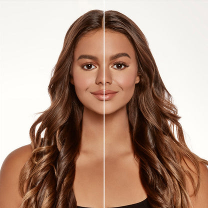 Brunette woman with side-by-side comparison of no lashes versus Ardell lash trios on right eye