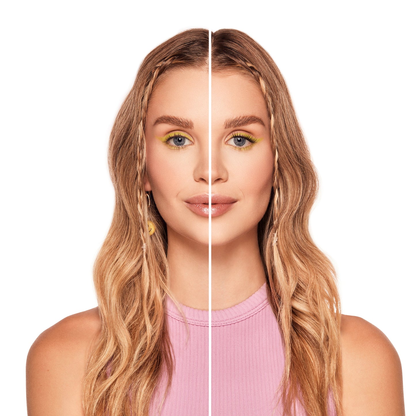 Before and after Winks Press On Natural eyelashes on Model with Round shaped eyes