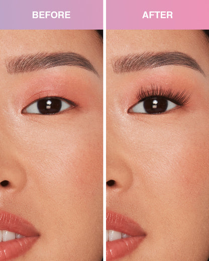 Before and after of Press On Naked Soft Volume eyelashes on Model with Monolid shaped eyes
