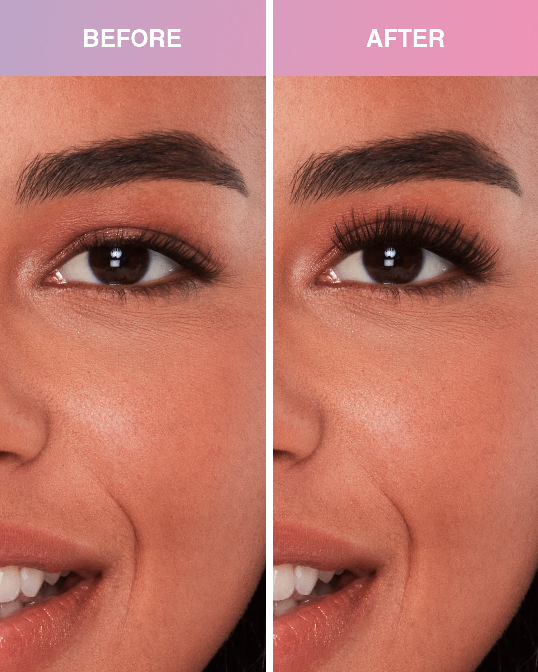 Before and after comparison model using Press On Pre-Glued Underlash Extensions Naked Soft Volume on Hooded eyes