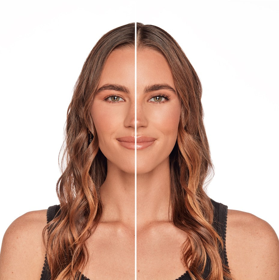 Model before and after Ardell Seamless Underlash Extensions, showcasing lifted, fuller lashes with a natural finish.