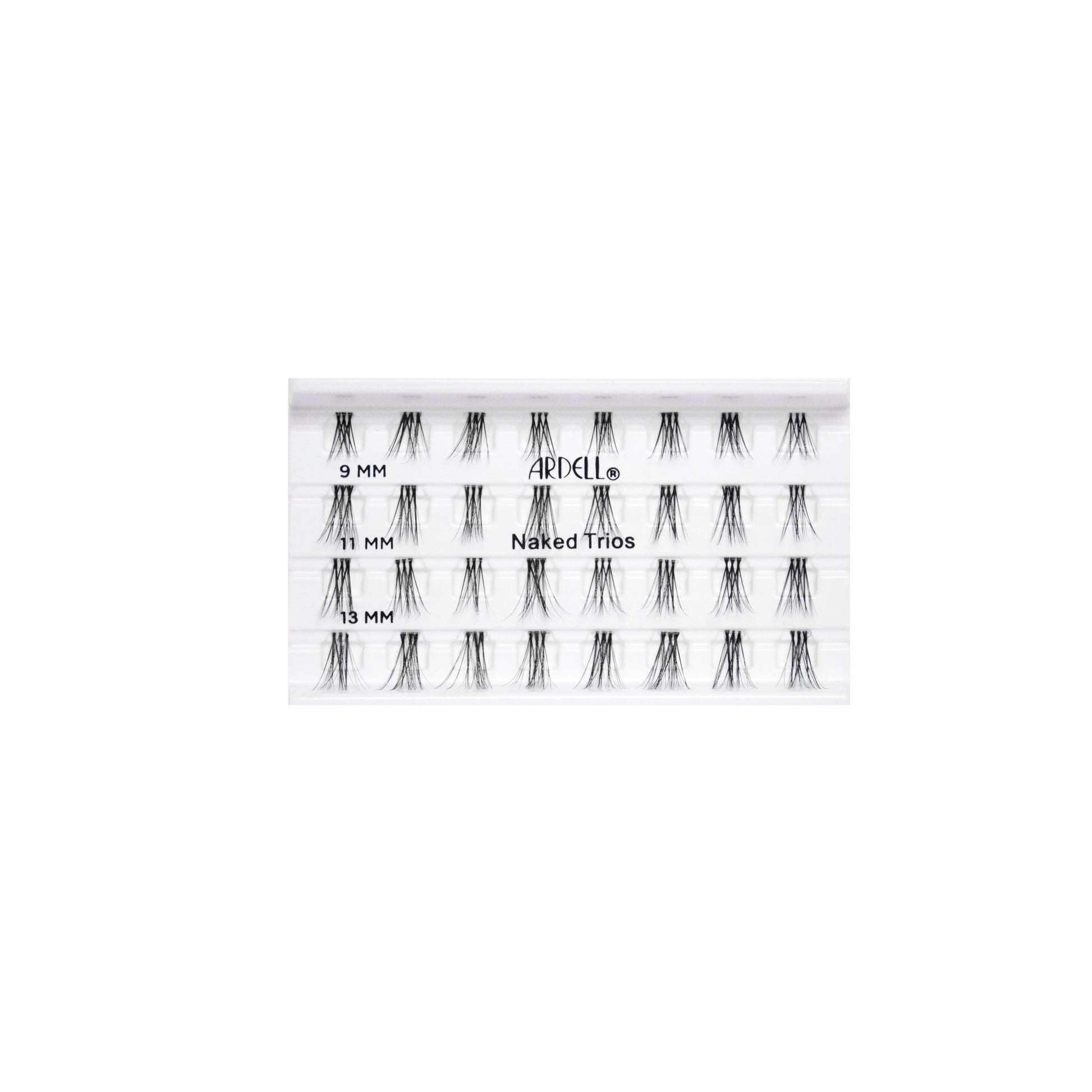Tray of Ardell Naked Trios individual lashes in 9mm, 11mm, and 13mm lengths, knot-free and natural looking