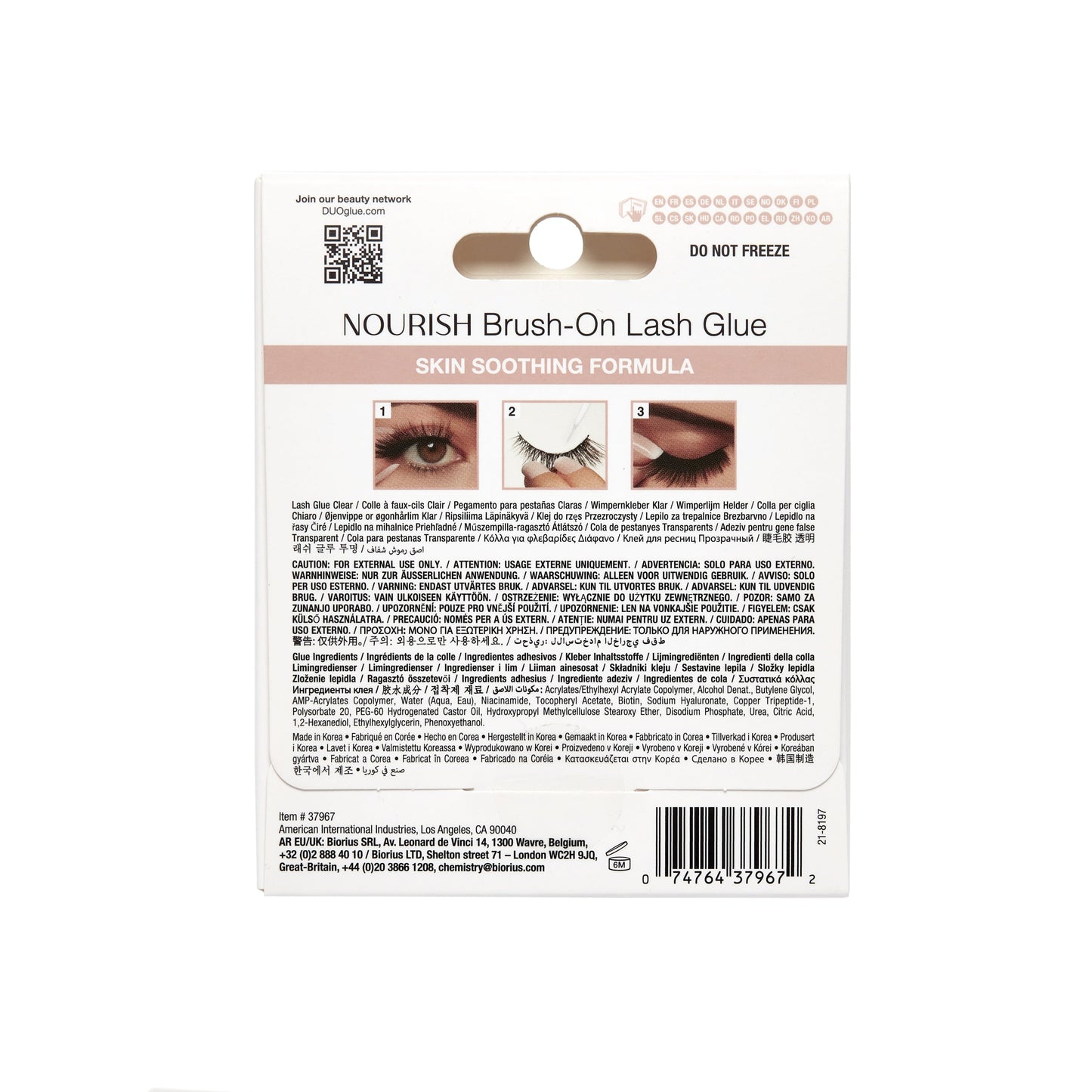 Back side of Nourish Brush-On Lash Glue Clear on a white background
