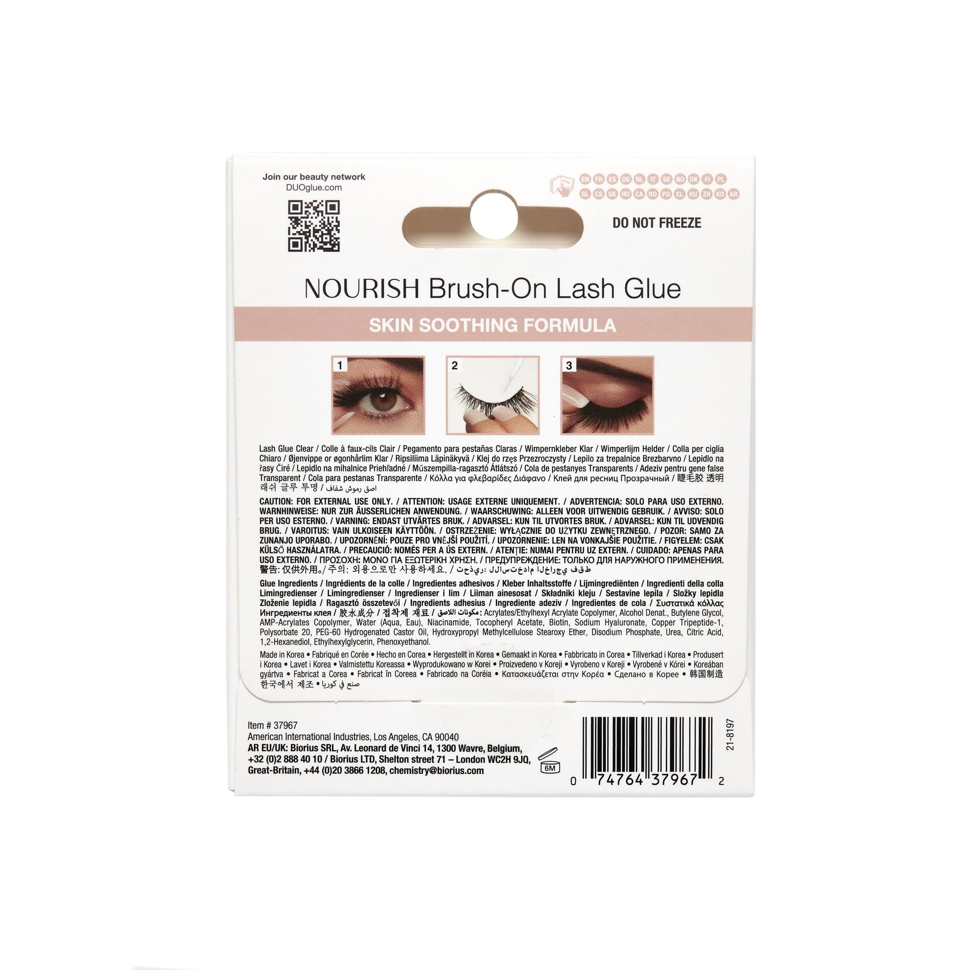 Back side of Nourish Brush-On Lash Glue Clear on a white background