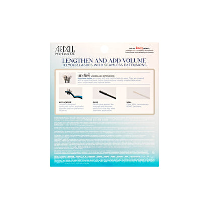 Back of Ardell Seamless Underlash Extensions MUA Kit with usage instructions and product features for easy application.