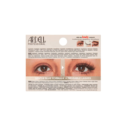 Back side of Nourish packaging with images of eyes wearing false eyelashes on a white background.