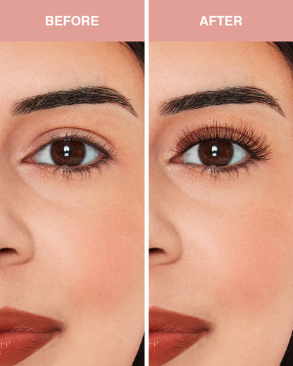 Before and after comparison of a woman's eye makeup with an eyebrow enhancement.
