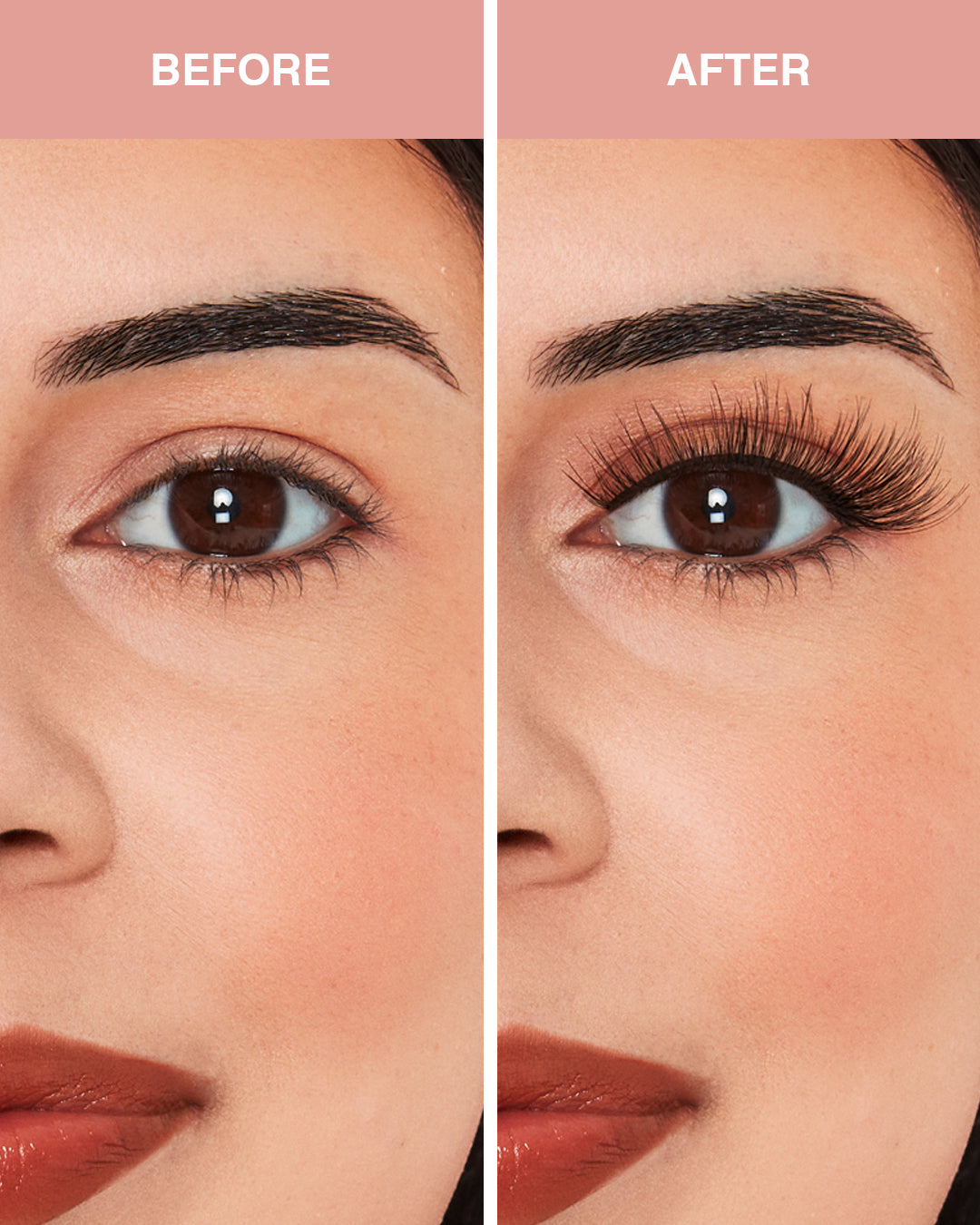 Before and after comparison of eye makeup application on a person's face.