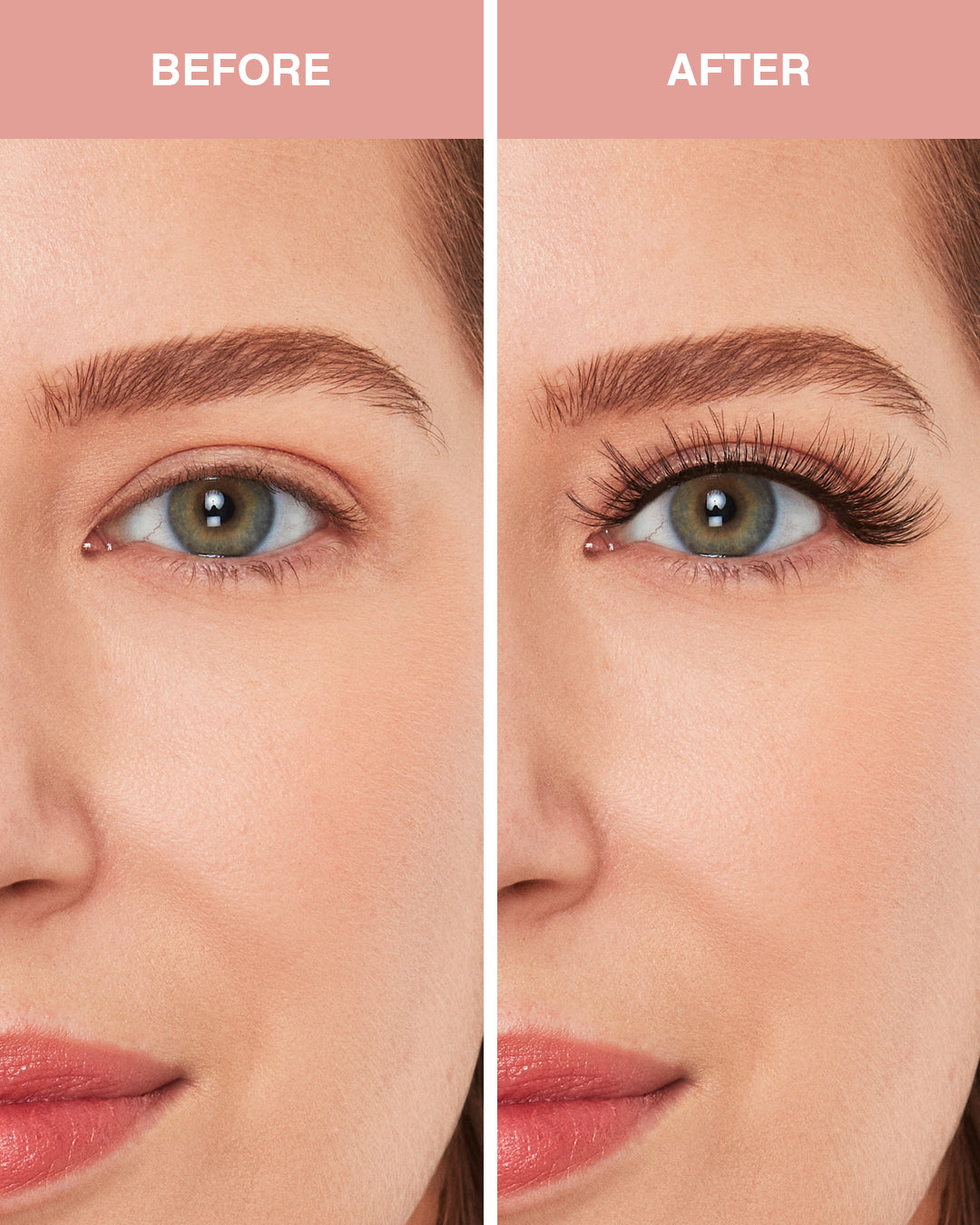 Before and after comparison of a woman's eye makeup with a pink background.