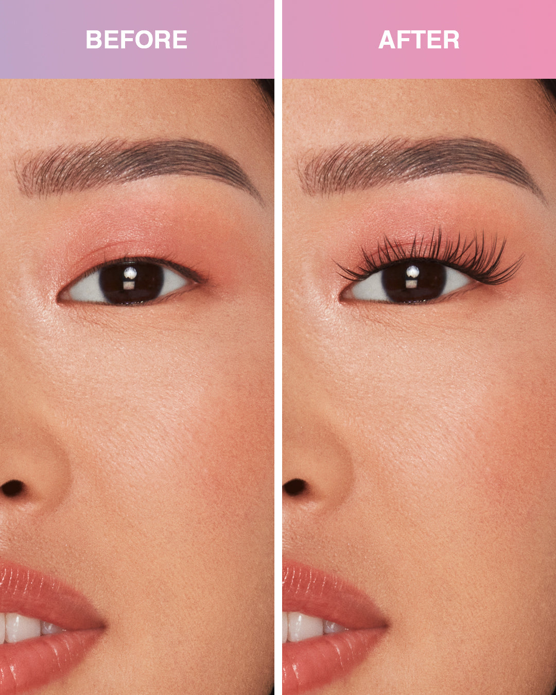 Before and after Press On Pre-Glued Underlash Extensions Wispies Natural on Model with Monolid shaped eyes