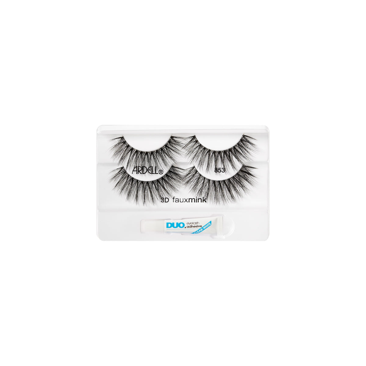 Ardell 3D Faux Mink 853 lashes in tray with bonus DUO adhesive, ideal for bold, fluttery lash definition.