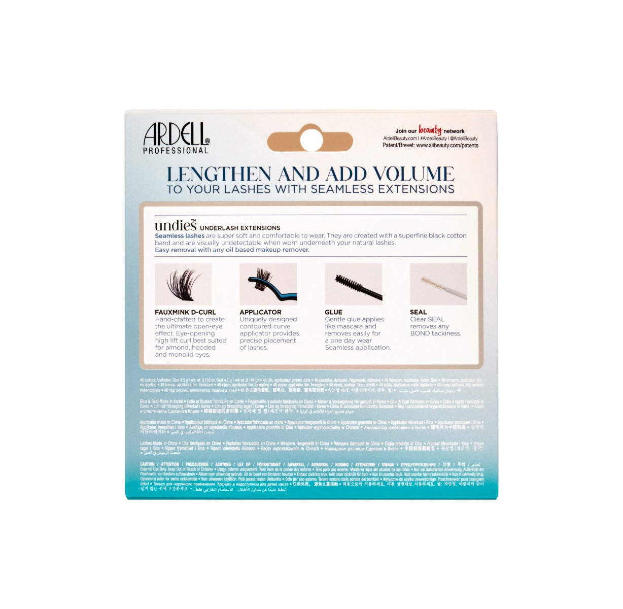 Back of Seamless Underlash Extensions Fauxmink D Curl + 1 Day Clear Glue & Seal wall hook packaging showing product information