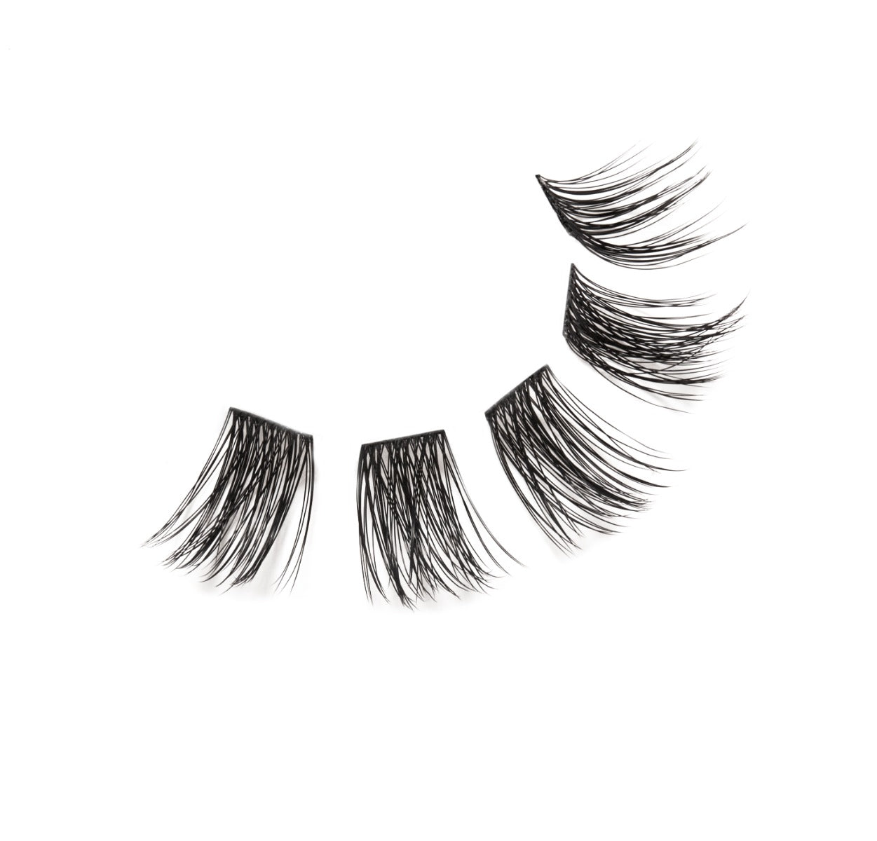 5 pieces of Seamless Underlash Extensions Fauxmink D Curl 32 ct arranged to show its wear profile