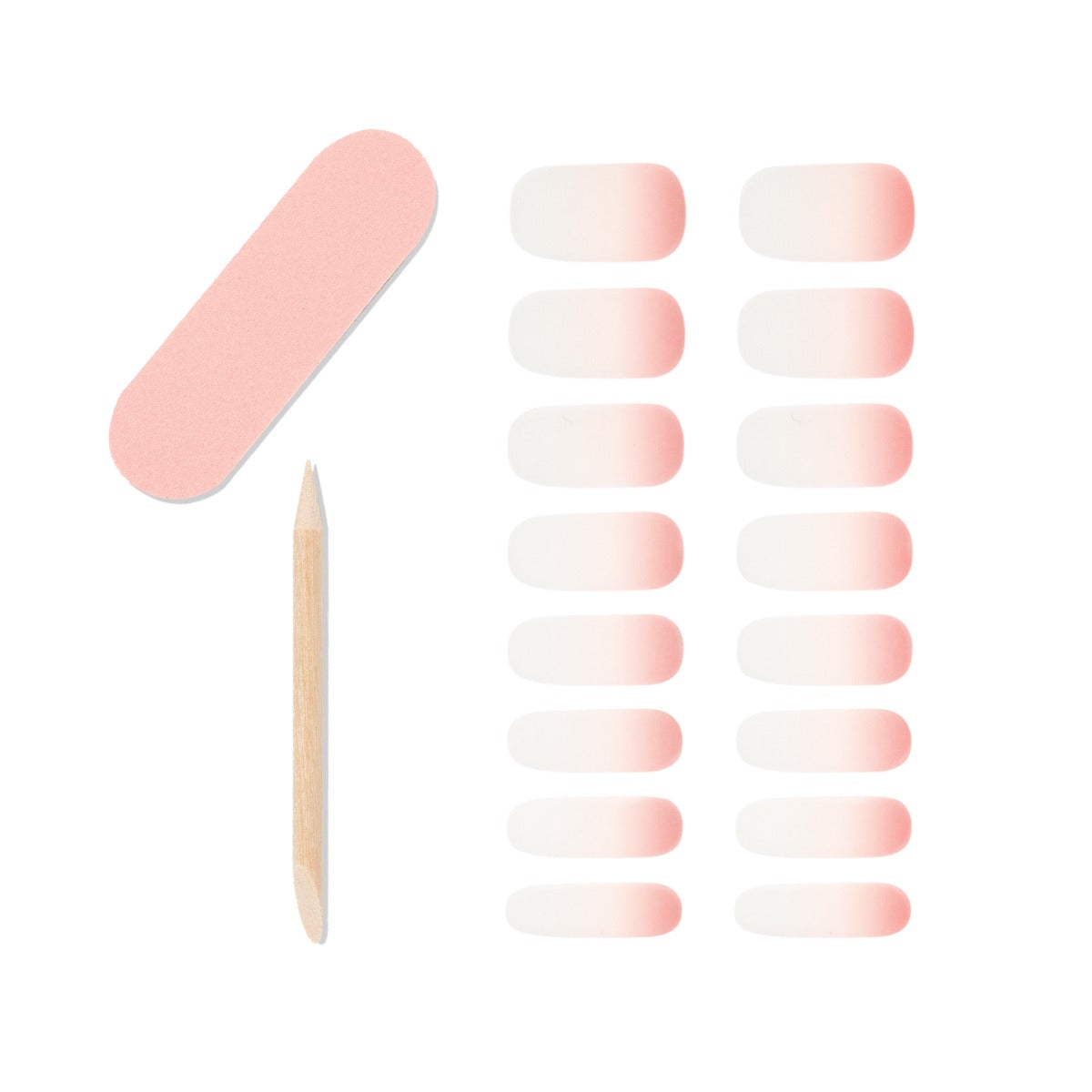 !6-piece nail strip, 1-piece mini nail file and 1-piece orange wood stick.