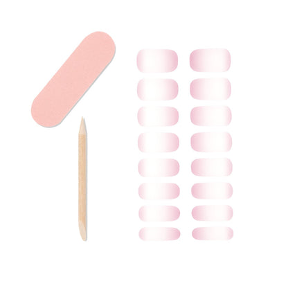 1 mini dual sided nail file, 1 orange wood stick and16 gel nail strips lay in a white color setting