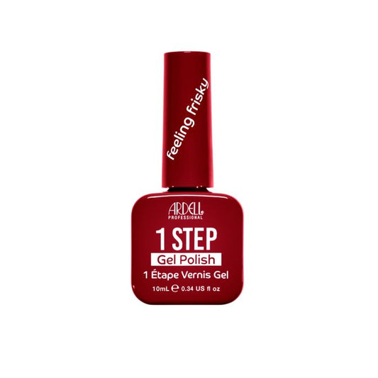 Front of Ardell One Step Gel Polish in Feeling Frisky, a classic bold red crème shade in a sleek salon-style bottle.