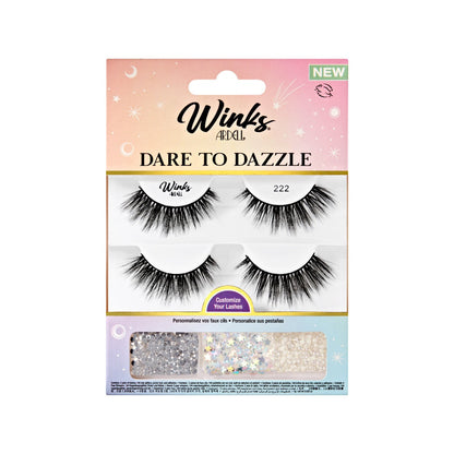 2 pairs of lashes on tray showing embellishments tool, and adhesive