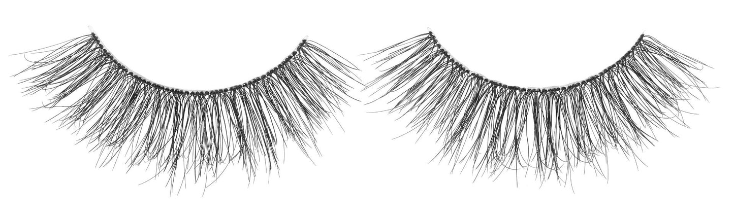 Pair of Ardell Naked Lash 427 false lashes side by side with a slightly flared effect to visually widen eyes