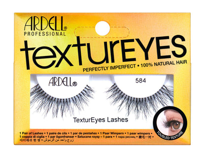 Front view of Ardell Textureyes 584 false lashes in retail wall hook ready packaging with product label text