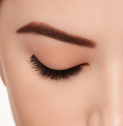 A model wearing Ardell's Ecolashes 450 with close right eye showing its extra-long layers with intense volume & fullness lash