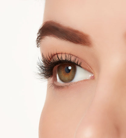 An extreme side close up shot of a model's eye wearing Ardell's Ecolashes 450 creating natural, round flared eyelash