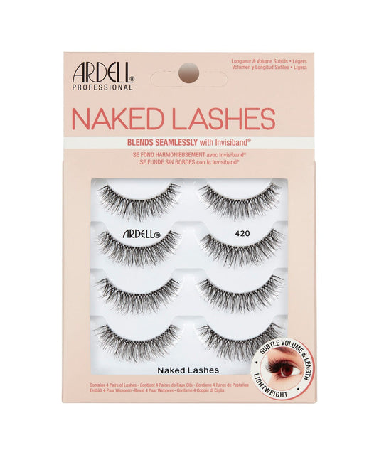 Front view of an Ardell Naked Lash 420 faux lashes set in complete multipack retail wall hook packaging