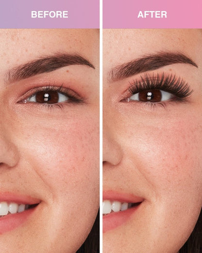 Before and after comparison of a woman's eyes with eyelashes, on a purple background.
