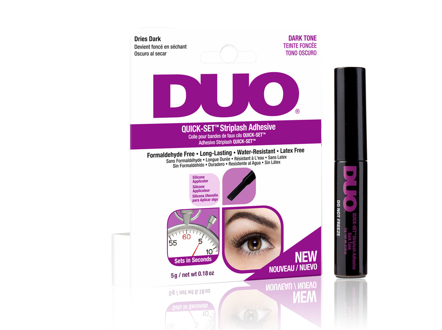 DUO Quick-Set StripLash Adhesive in dark tone, latex-free and water-resistant formula for fast-drying, secure lash hold.